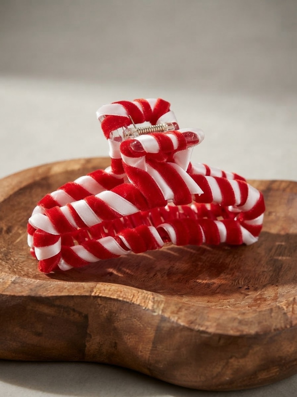 Red & White Striped Velvet Hair Claw Clip